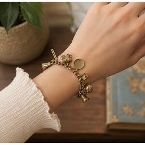 Vintage Western Charm Bracelet Covered Wagon Coffee Pot Lantern Gold Tone Ranch